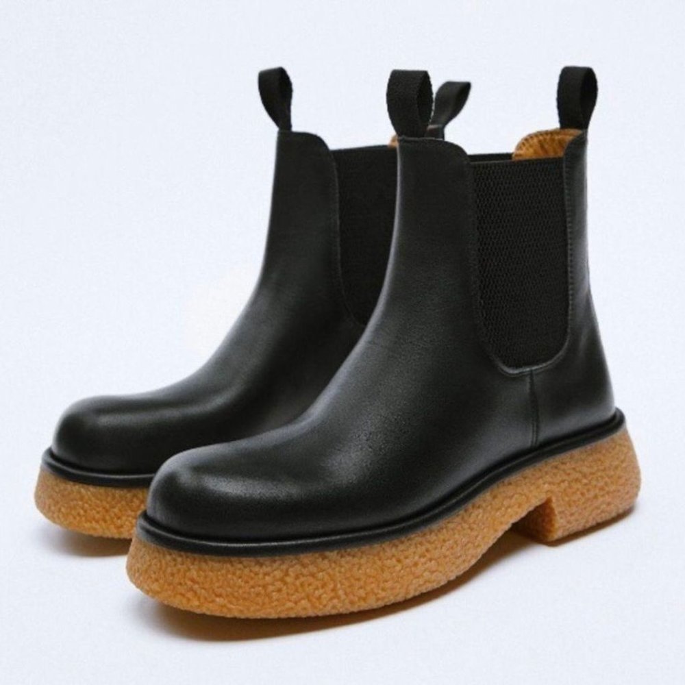 Zara Flat Leather Ankle Chunky Heel Boots